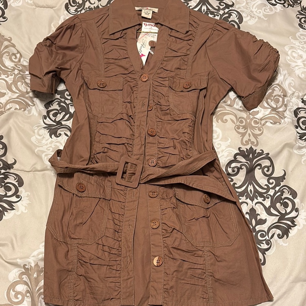 Brown Button-Up Top with Belt